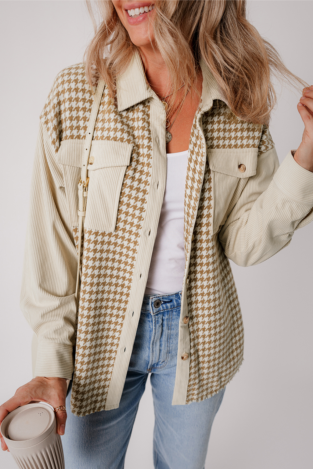 Parchment Houndstooth Corduroy Patchwork Flap Pocket Shacket - loveforevers