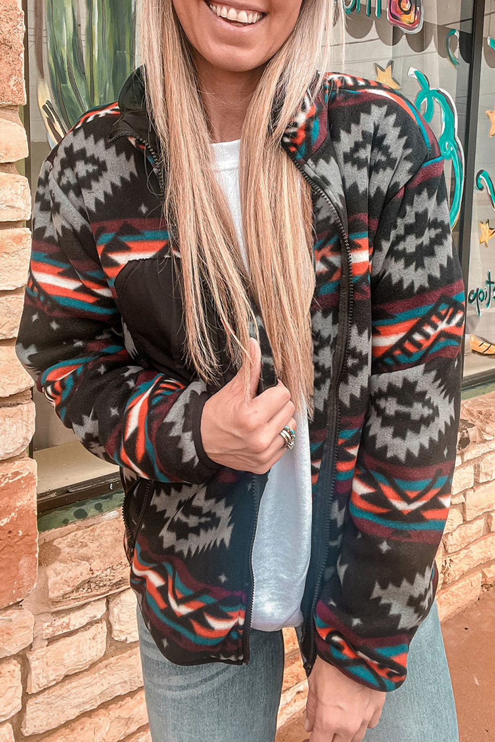 Black Aztec Printed Zip Up Collar Jacket - loveforevers