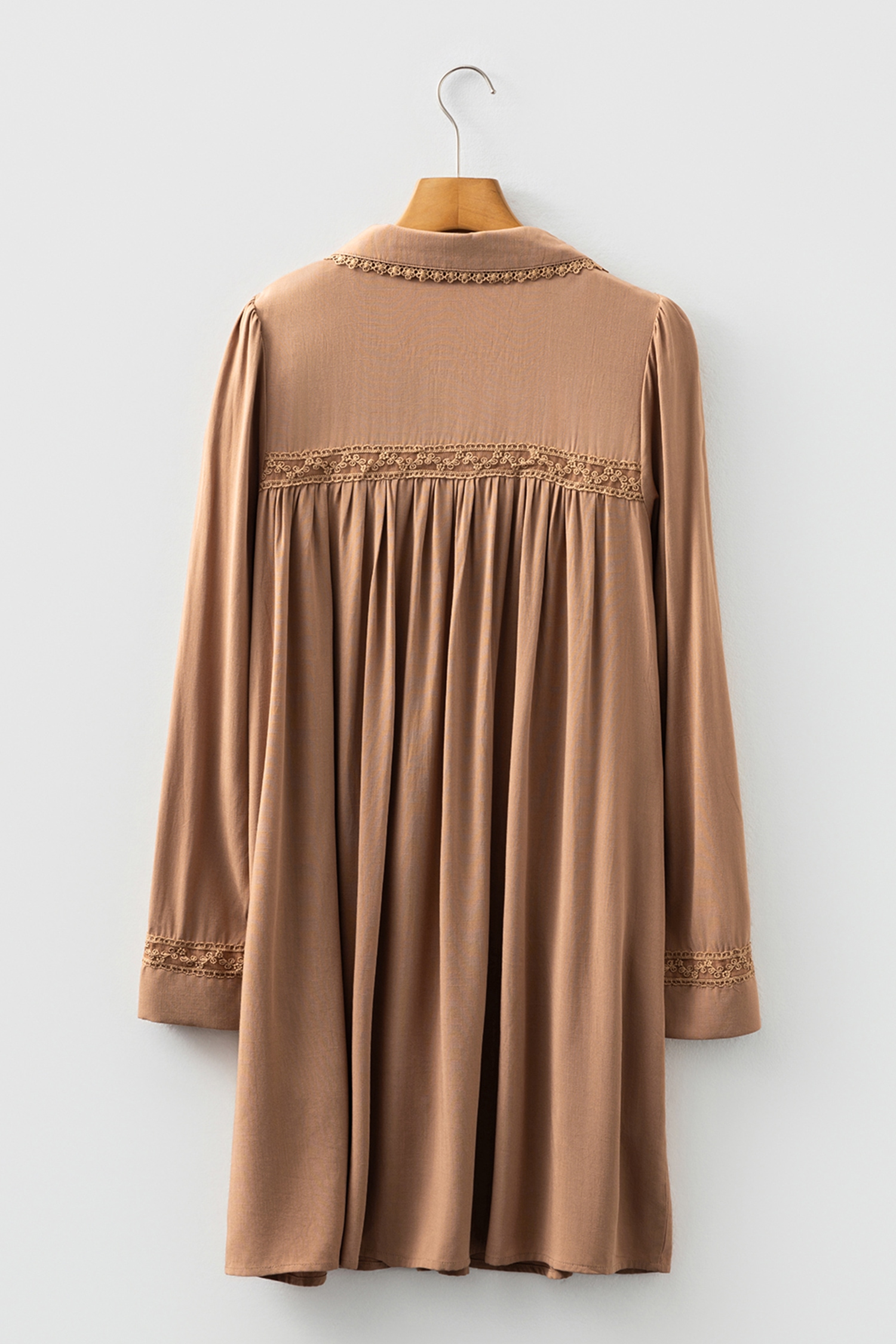 Straw Yellow Lace Trim Peter Pan Collar Long Sleeve Mini Shirt Dress - loveforevers