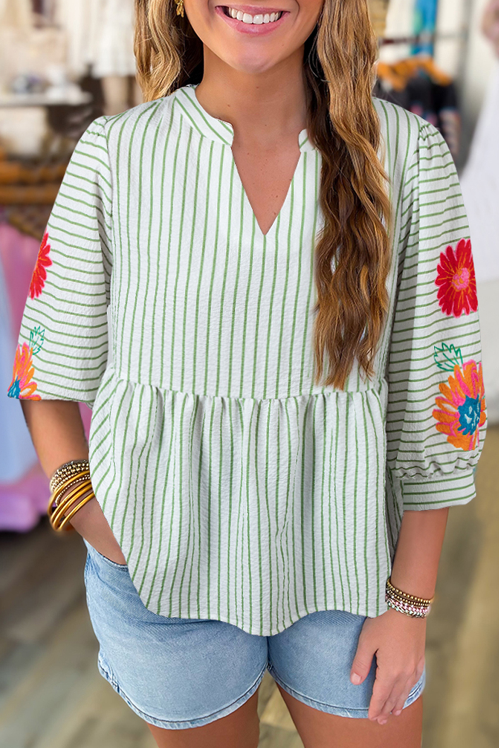 Green Stripe Flower Puff Sleeve Notched V Neck Babydoll Blouse - loveforevers