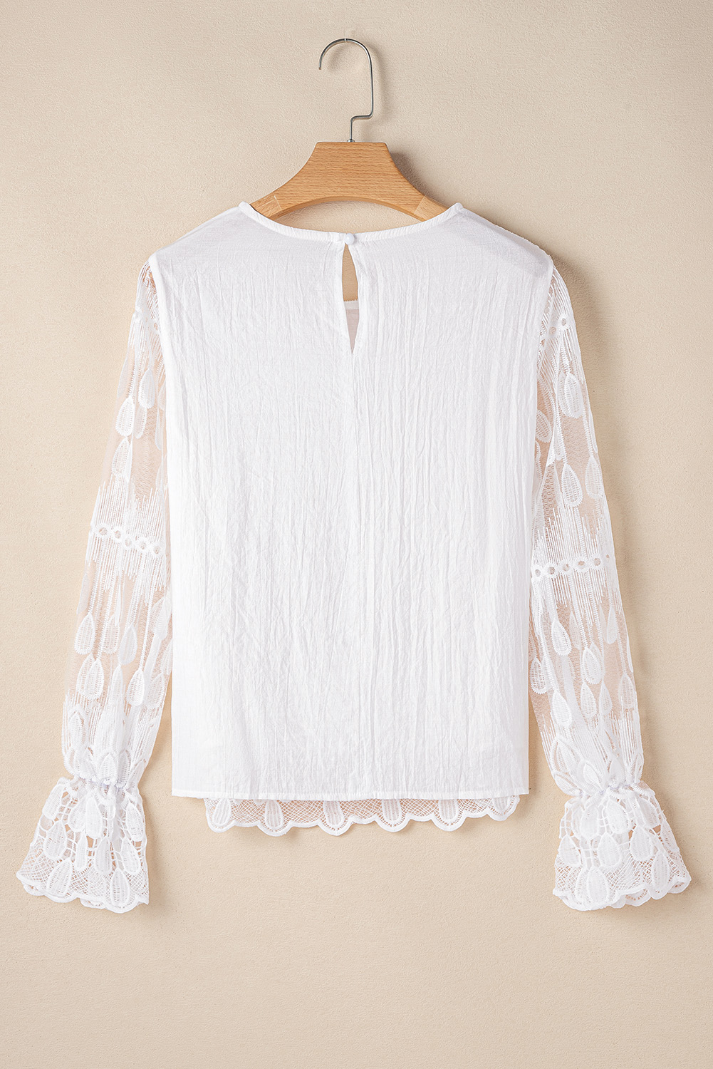 Beige Embroidered Mesh Flounce Sleeve Blouse - loveforevers