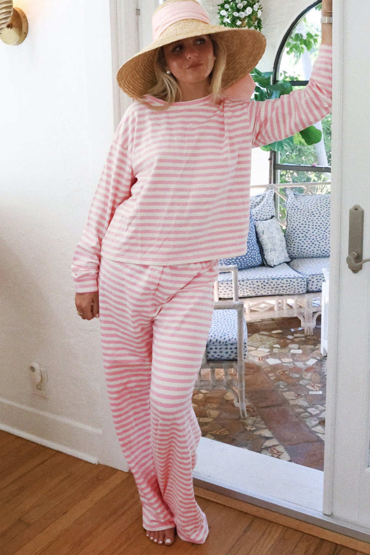 Rose Stripe Drop Shoulder Round Neck Top and Buttoned Straight Pants Two Piece Set - loveforevers
