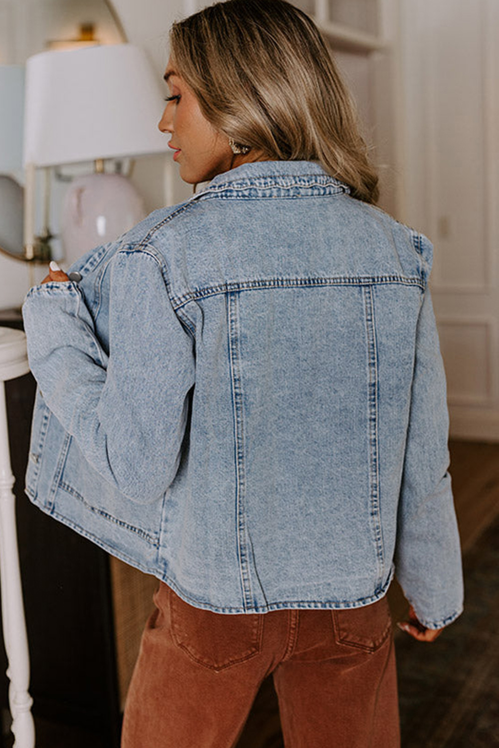 Myosotis Scallop Trim Collar Patched Pocket Button Up Mineral Washed Denim Jacket - loveforevers