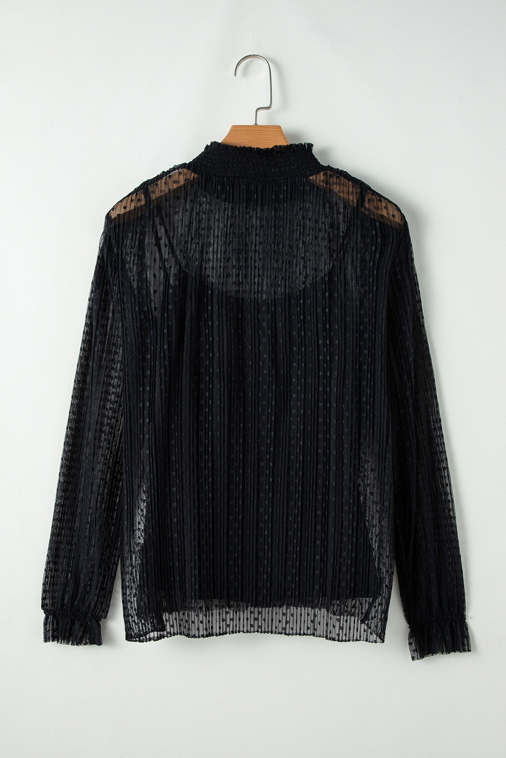 Black Dotty Lace Sheer Mock Neck Long Sleeve Blouse - loveforevers