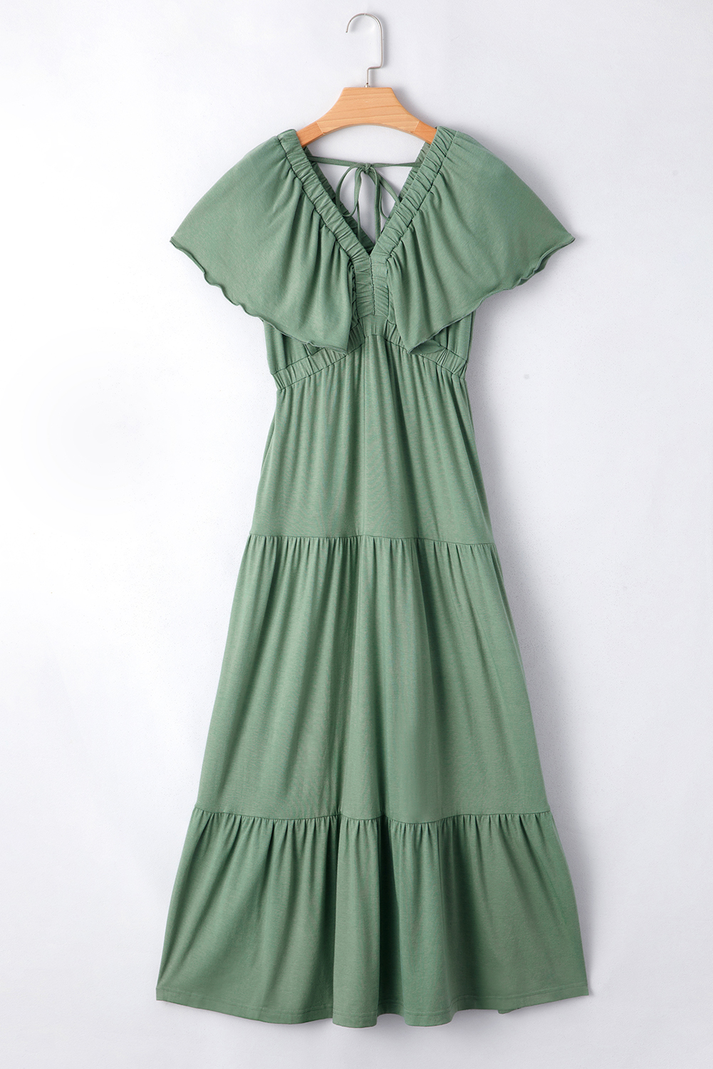 Grass Green Textured V Neck Flutter Sleeve Ruffled Maxi Dress - loveforevers