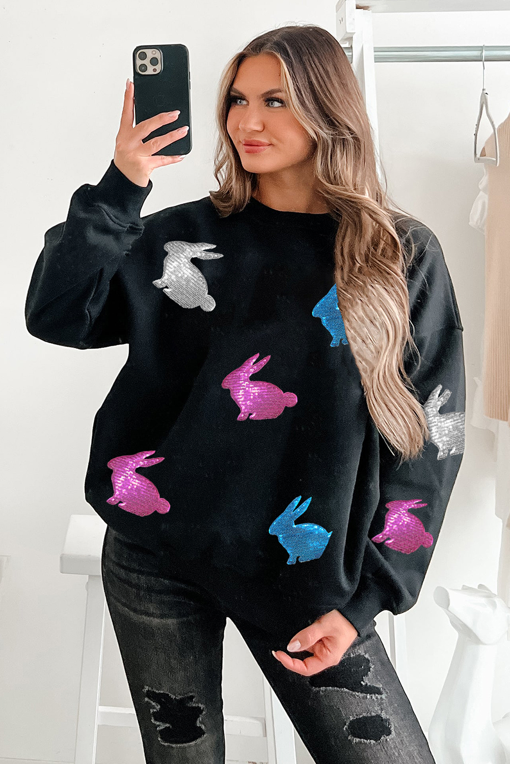 Black Easter Bunny Sequin Patched Drop Shoulder Sweatshirt - loveforevers