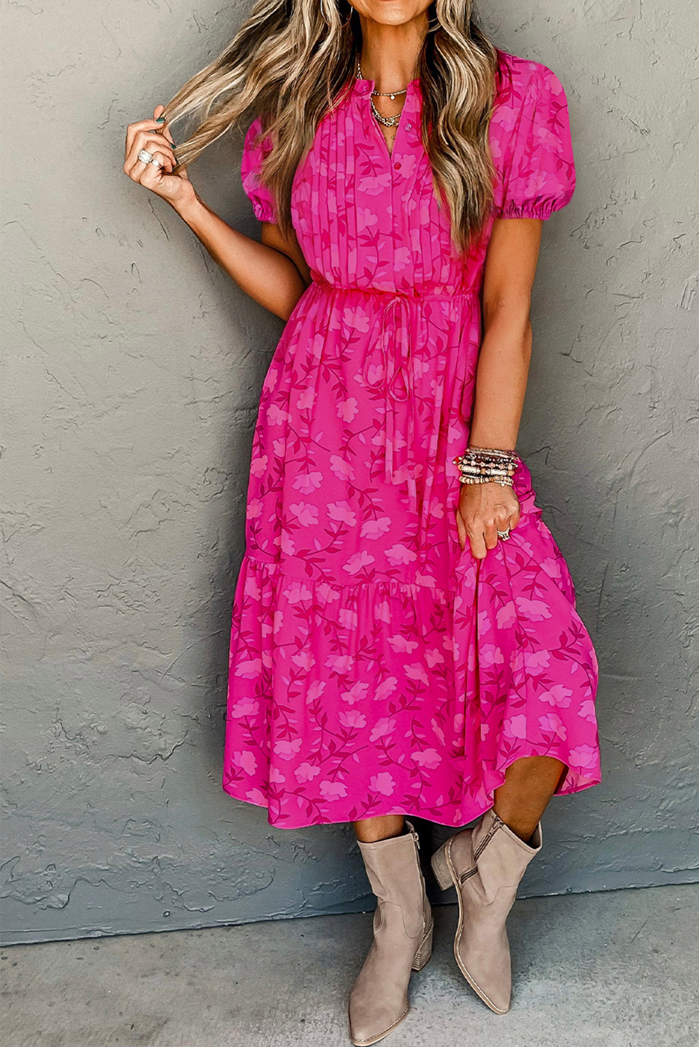 Rose Red Floral Print Pleated Drawstring Flowy Midi Dress - loveforevers