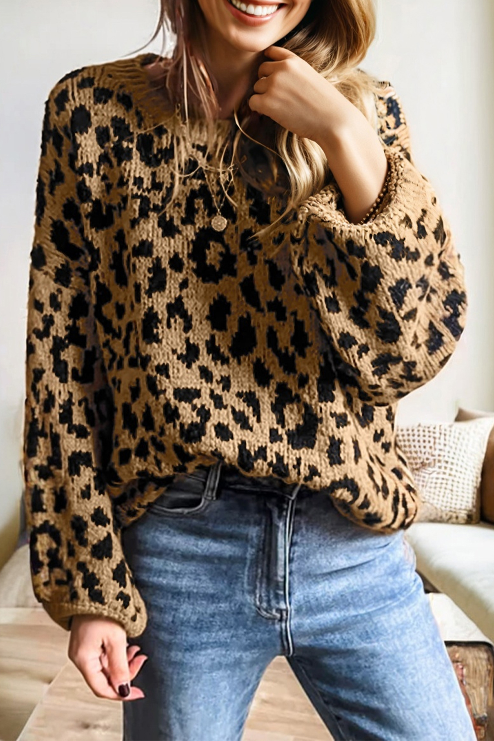 Light French Beige Ribbed Trim Round Neck Leopard Drop Shoulder Sweater - loveforevers