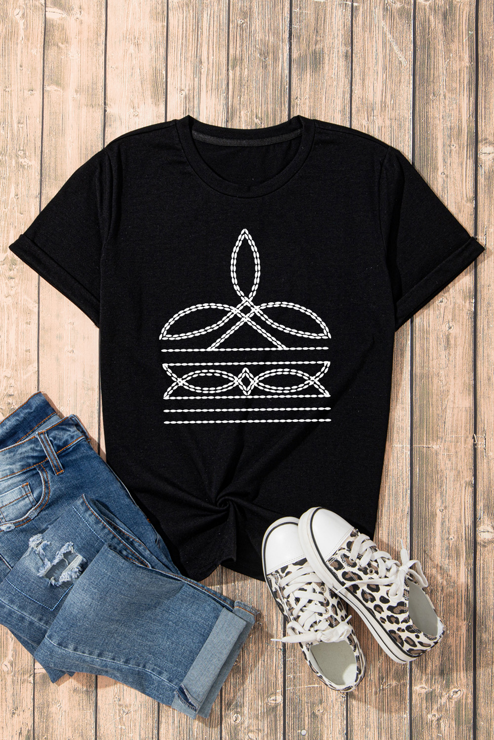 Black Western Pattern Print Slim Fit Crew Neck T Shirt - loveforevers