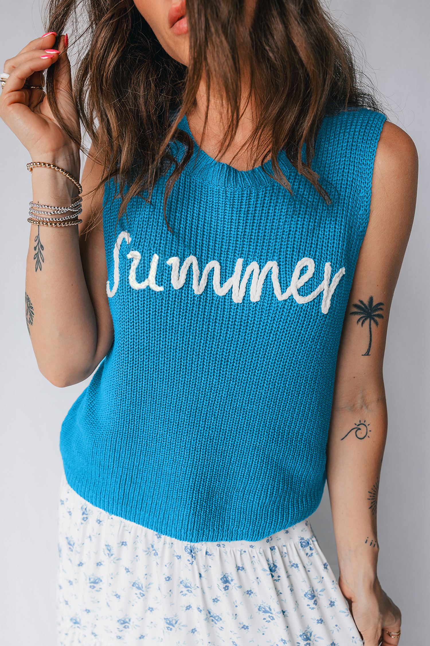 Dusk Blue Summer Script Graphic Sleeveless Sweater Vest - loveforevers
