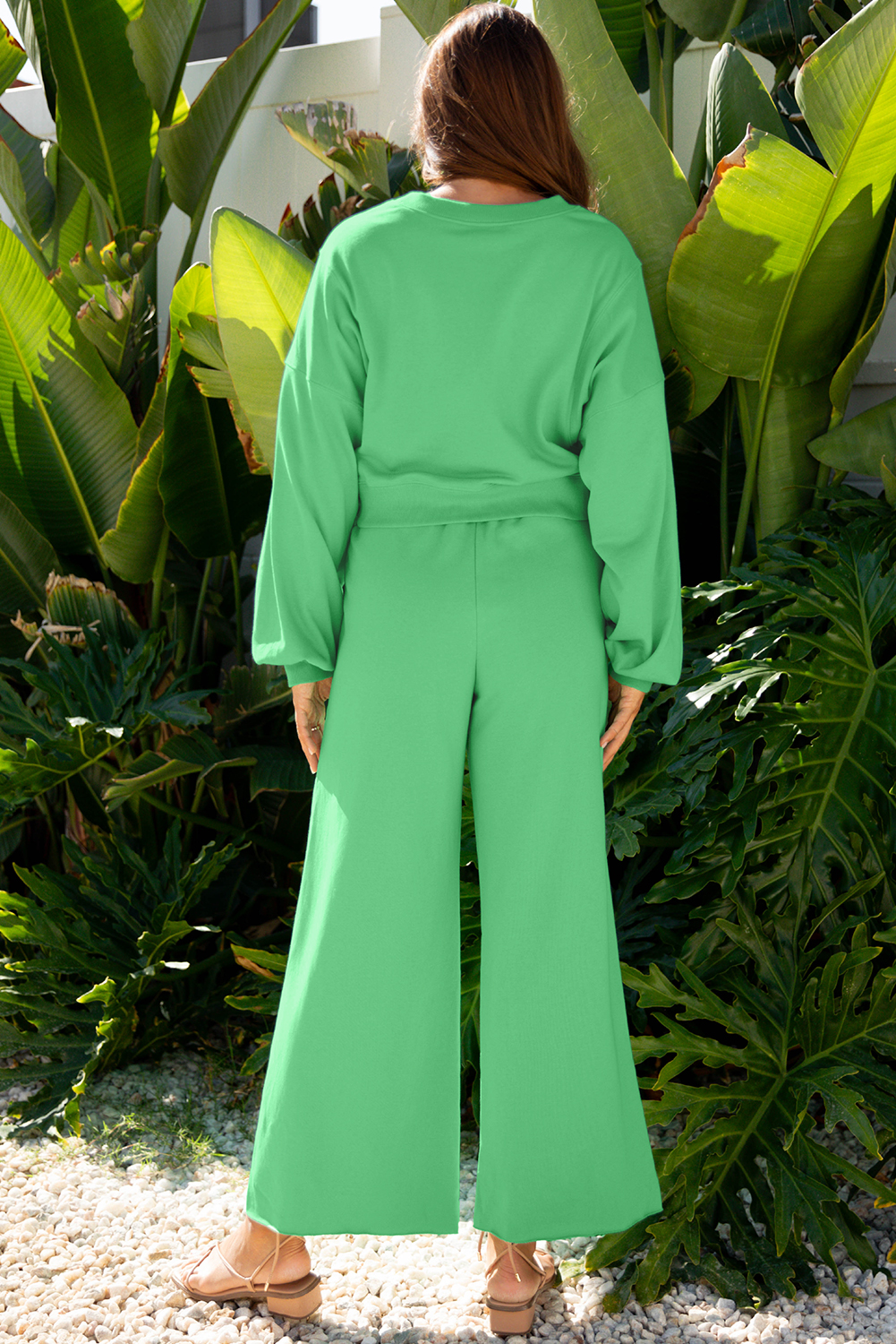 Bright Green Drop Shoulder Puff Sleeve Crop Pullover Drawstring Wide Leg Pants Set - loveforevers