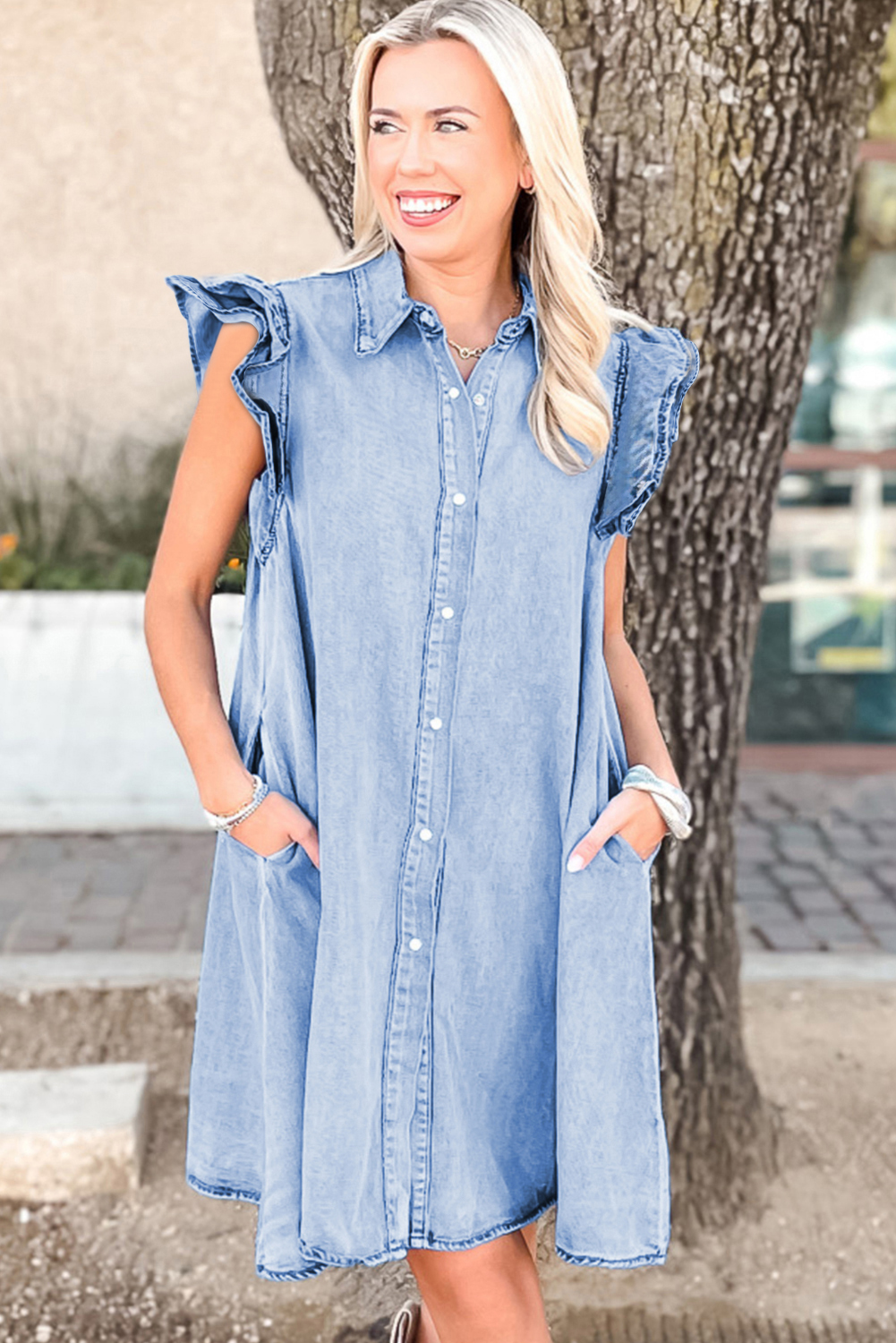 Beau Blue Double Ruffled Sleeves Buttoned A-line Collared Mini Denim Dress - loveforevers