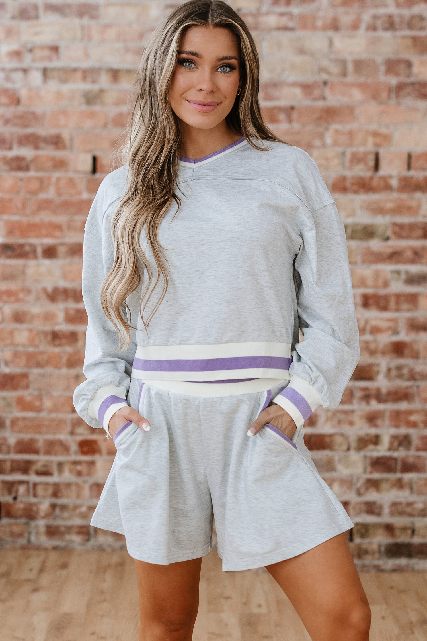 Light Grey Contrast Striped Bands Cropped Pullover and Athletic Short Set - loveforevers