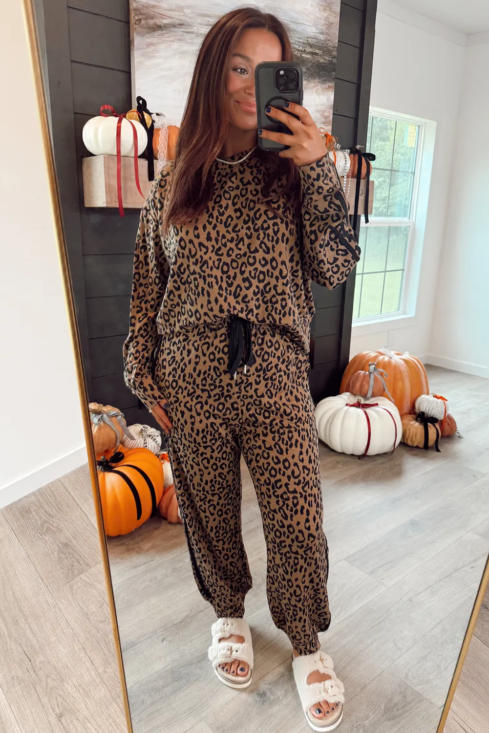 Brown Varsity Striped Trim Leopard Long Sleeve Top Drawstring Pant Set - loveforevers