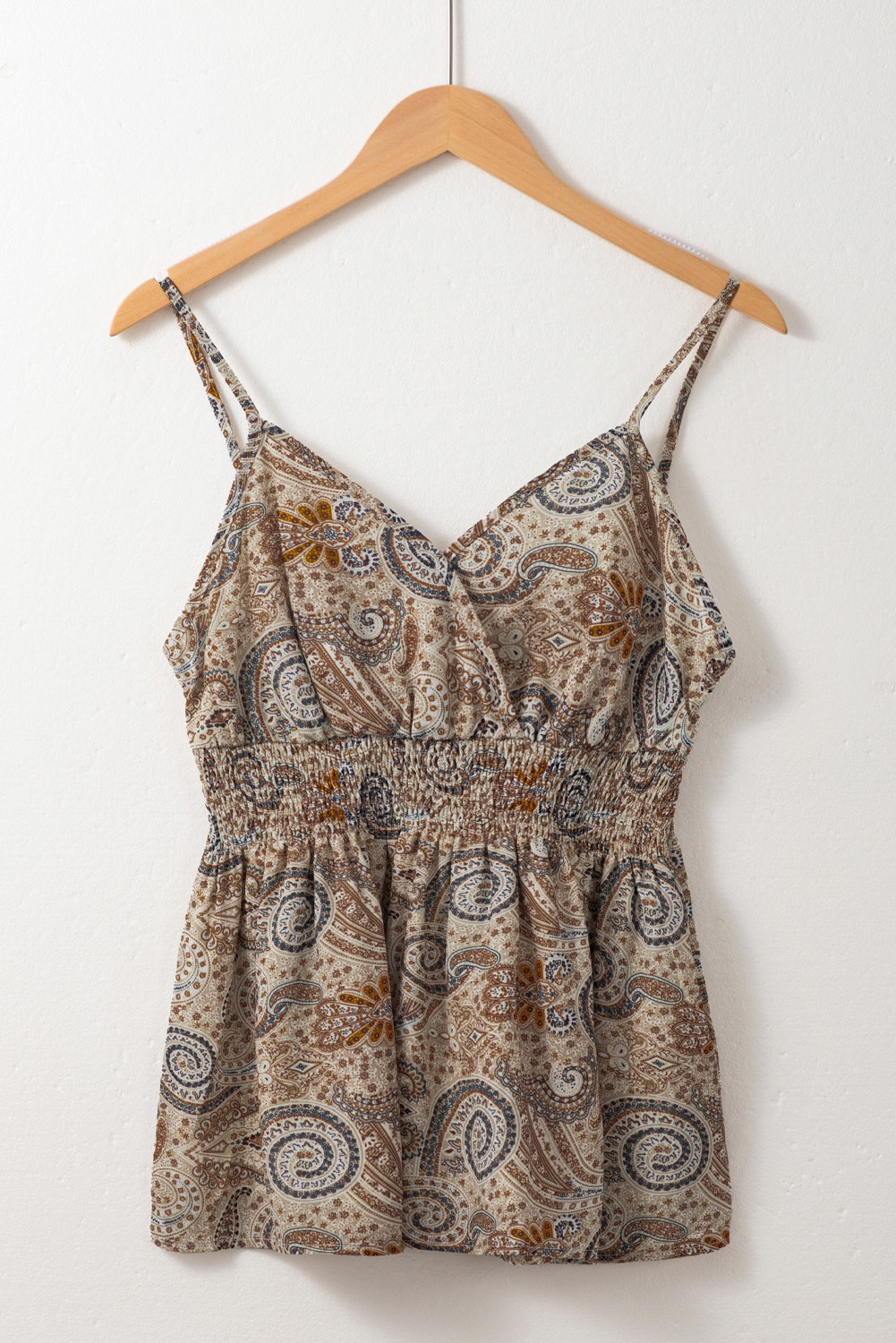Khaki Paisley Printed Spaghetti Strap V Neck Smocked Babydoll Tank Top - loveforevers