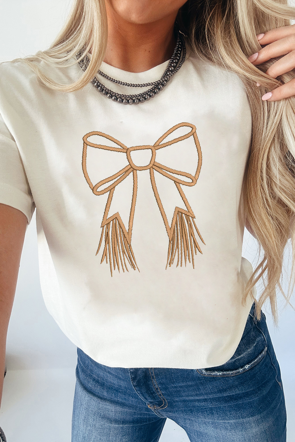 White Tassel Bowknot Embroidered Graphic Print Western Round Neck T Shirt - loveforevers