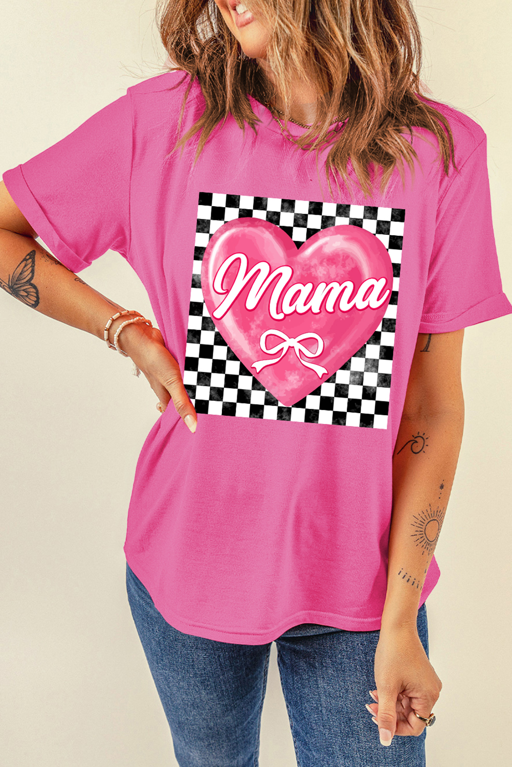 Sachet Pink Checkered Heart Pattern mama Bow Graphic Tee - loveforevers