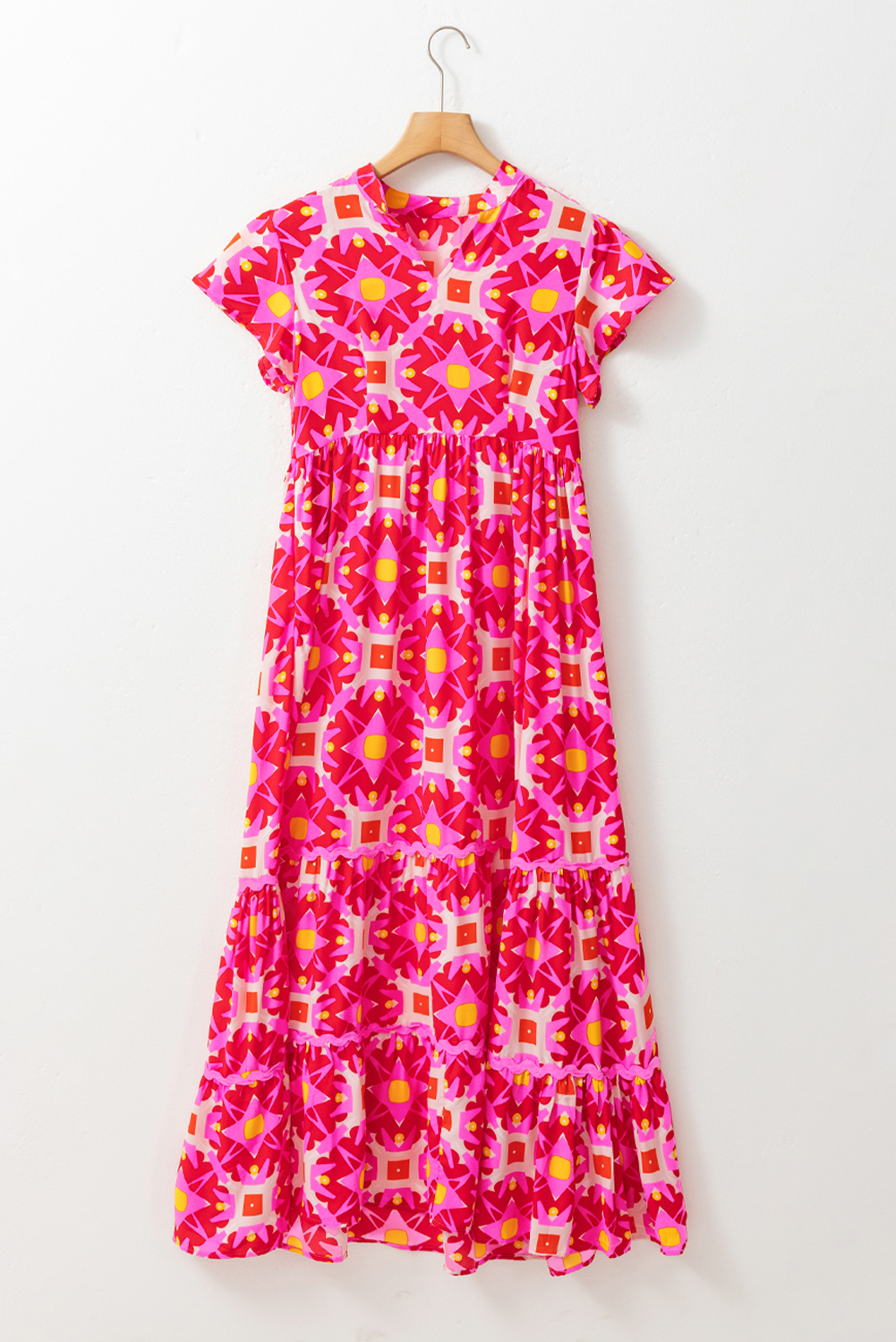 Strawberry Pink Geo Print V-neck Maxi Dress - loveforevers