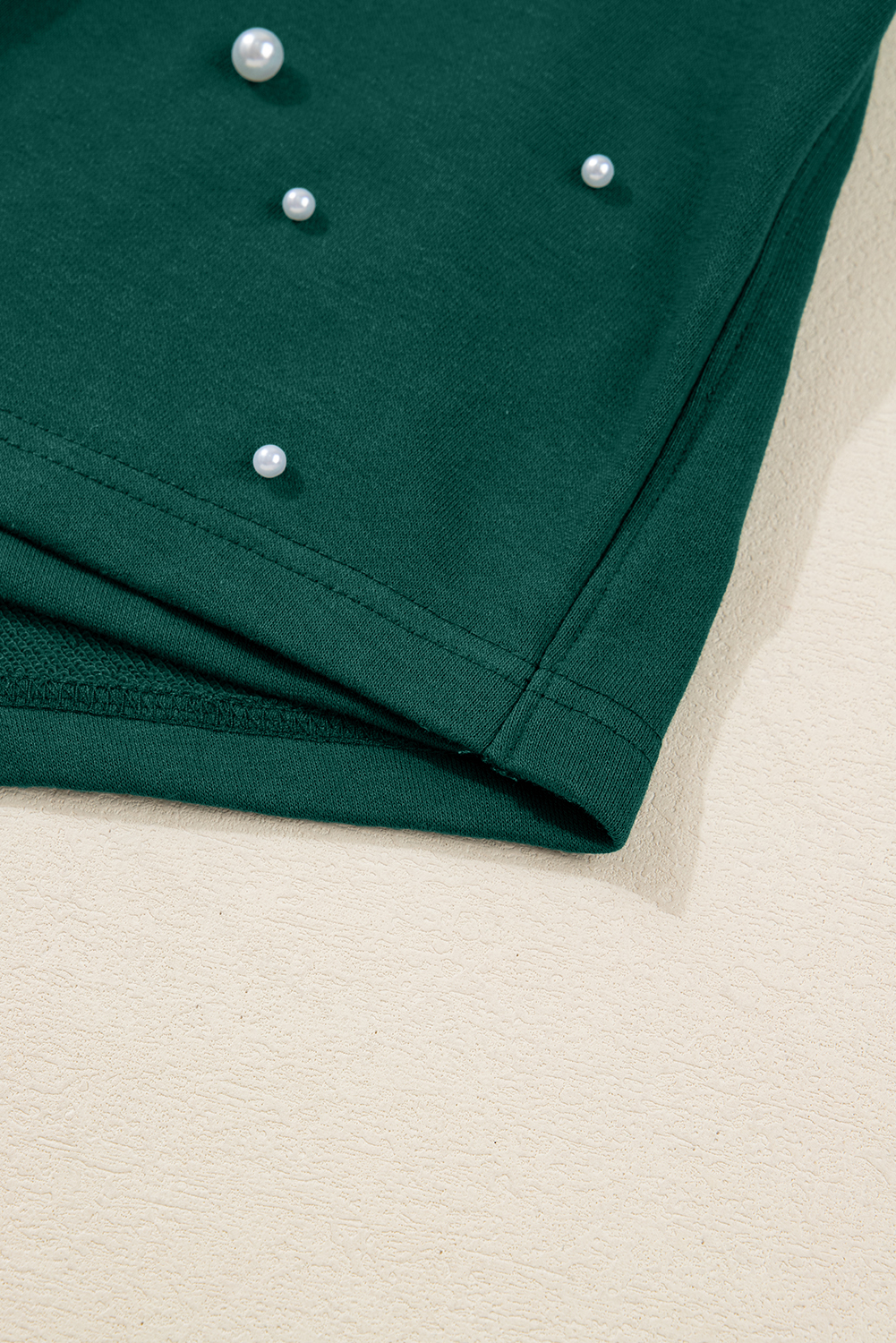 Dark Green Pearl Embellished Drop Shoulder Pullover Elastic Waist Mini Skirt Set - loveforevers