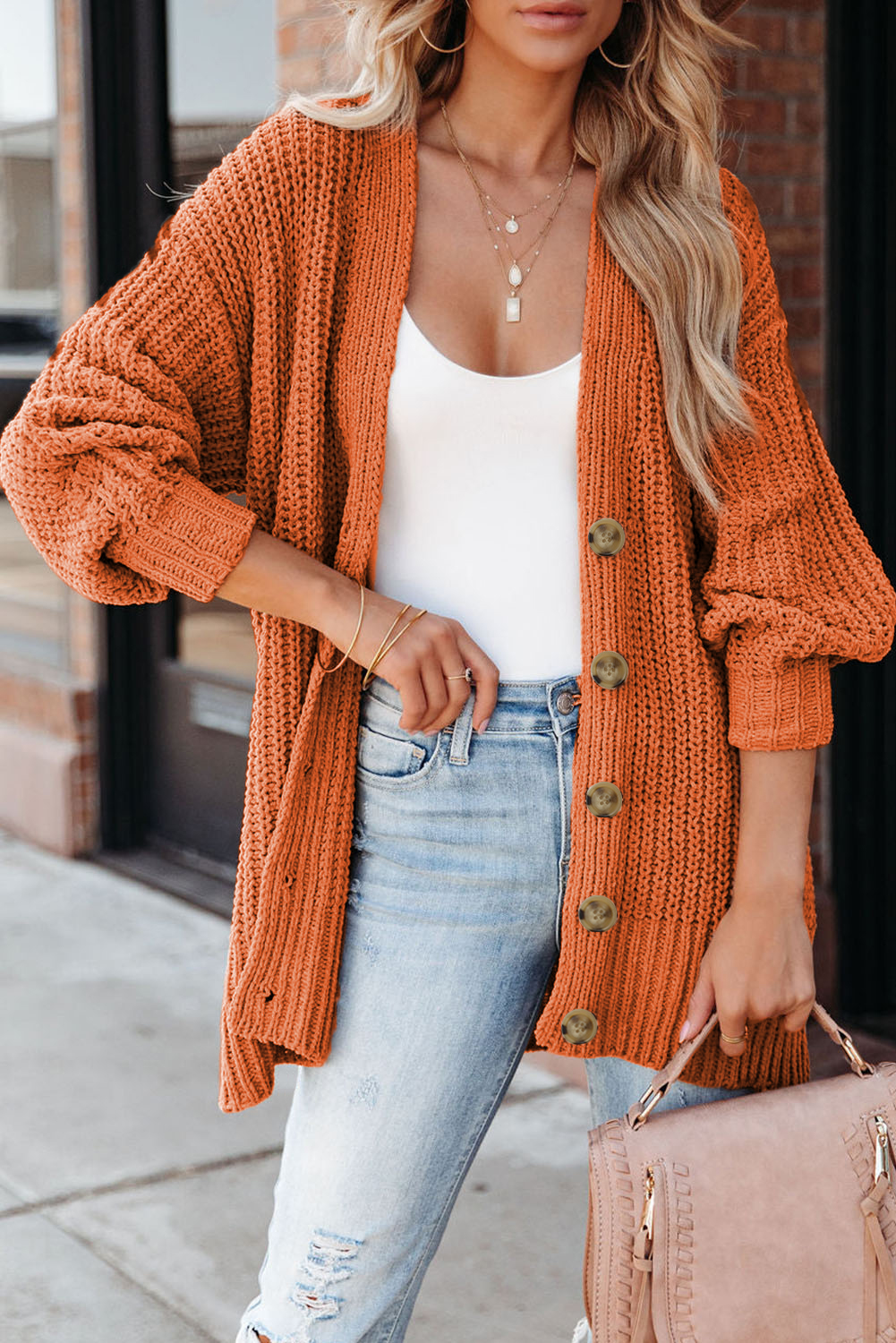 Gold Flame Button Front V Neck Chunky Cardigan Sweater - loveforevers
