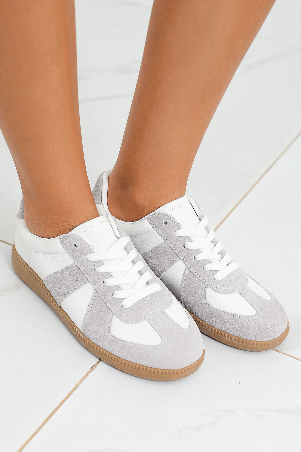 Beige PU Leather Suede Patched Lace-up Flat Shoes - loveforevers