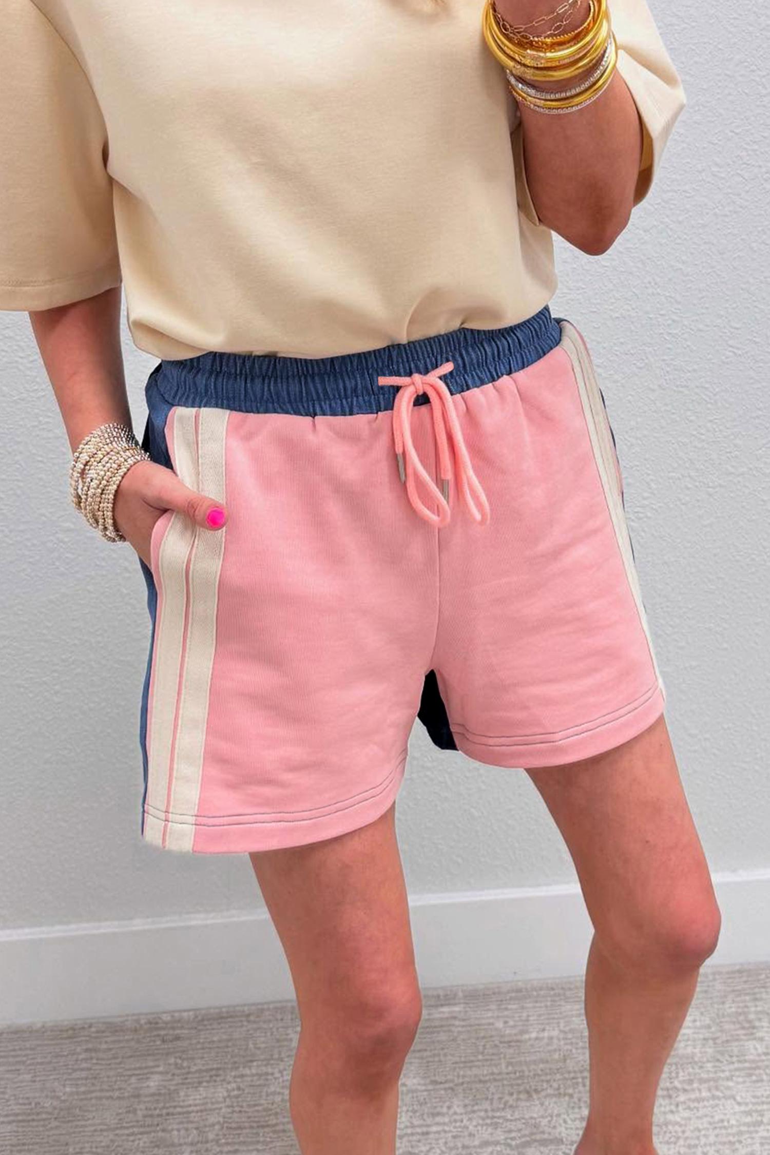 Pink Color Block Patchwork Varsity Striped Detail Drawstring Elastic Waist Shorts - loveforevers