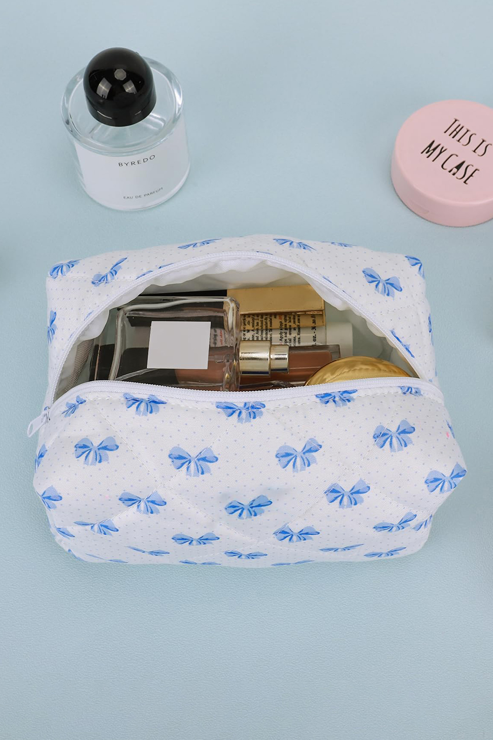 Sky Blue Bow Knot Quilted Zipper Makeup Bag - loveforevers