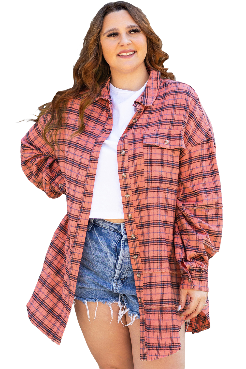 Red Plaid Long Sleeeve Side Split Distressed Hem Shirt - loveforevers