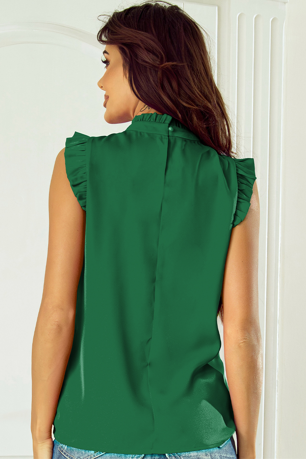 Bright Green Pleated Mock Neck Frilled Trim Sleeveless Top - loveforevers