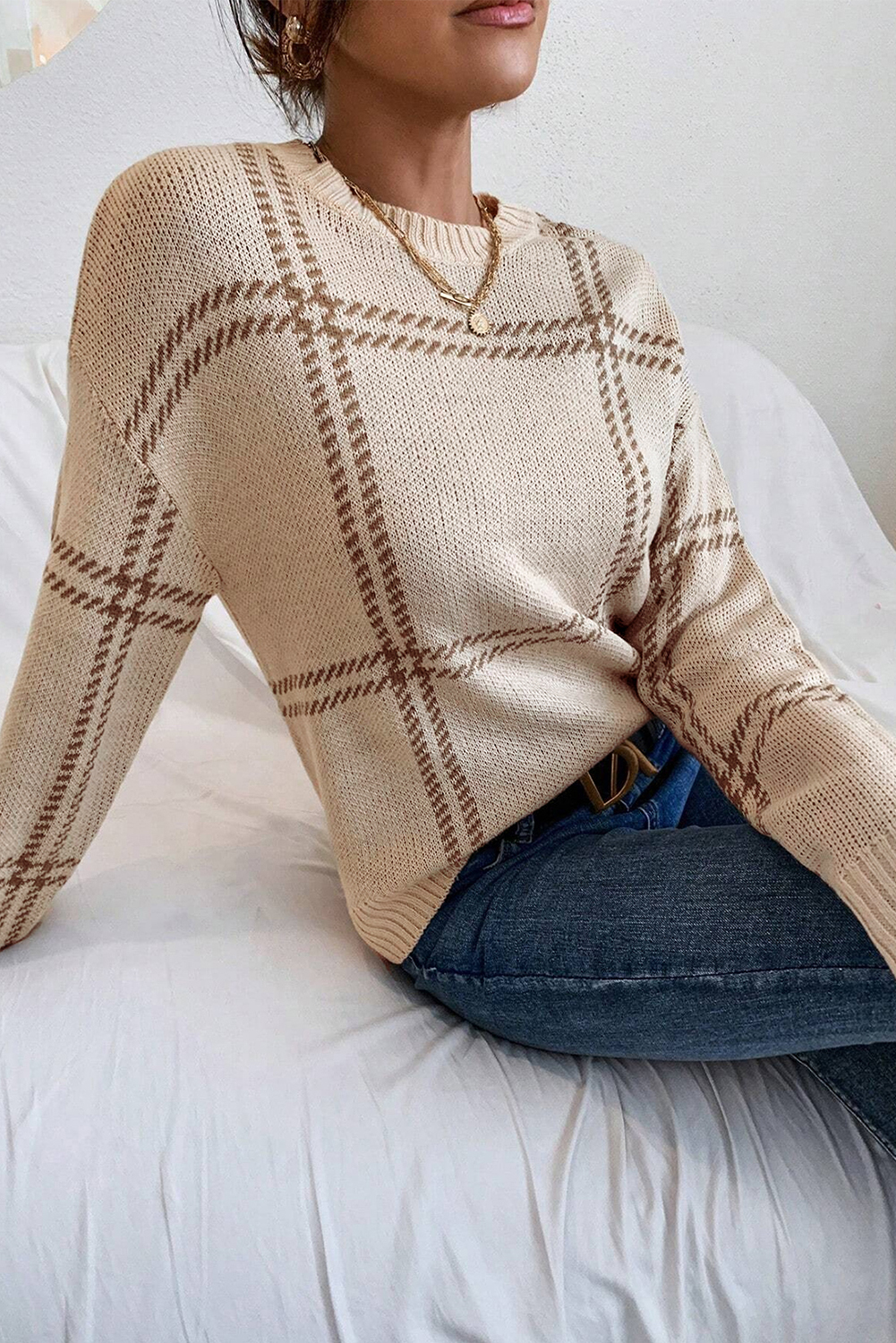 Khaki Plaid Pattern Knitted Drop Shoulder Sweater - loveforevers