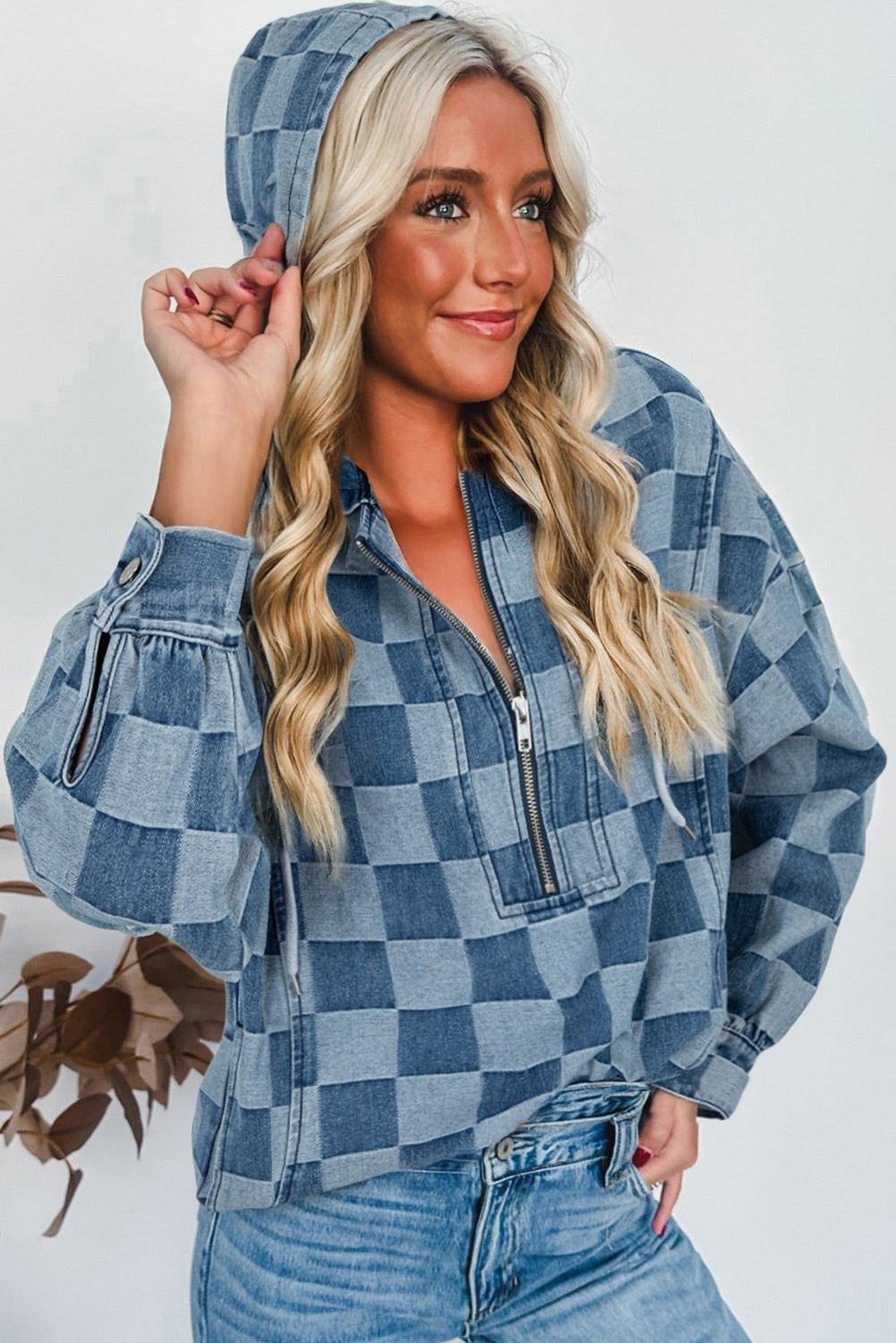 Dark Grey Checkered Denim Wide Leg Jeans - loveforevers