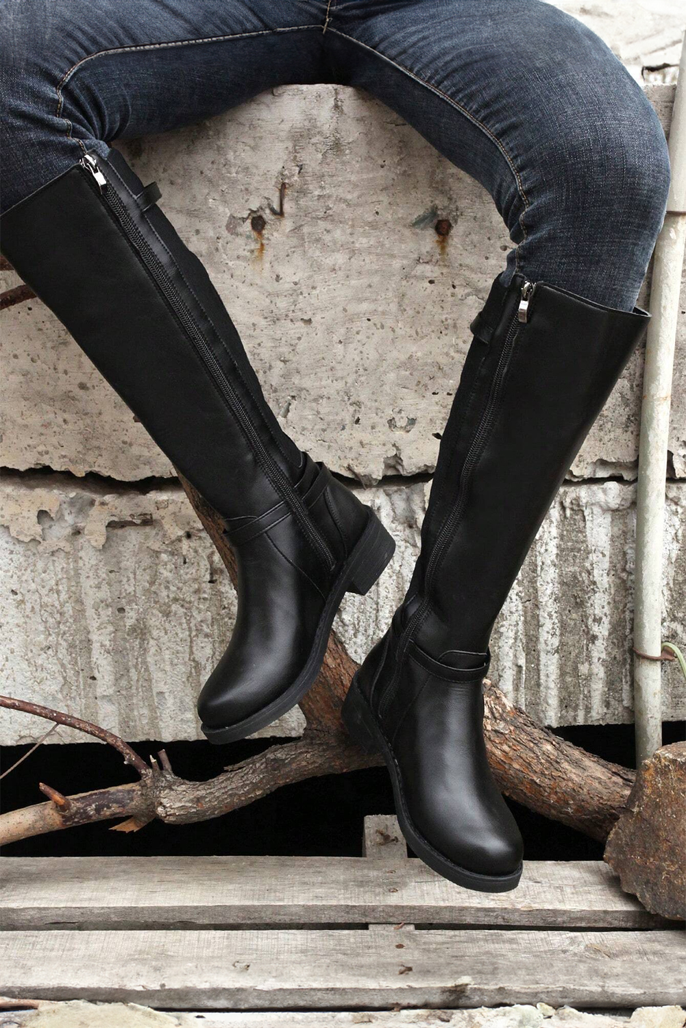 Black Side Zipper Knee High Chunky Low Heel Boots - loveforevers