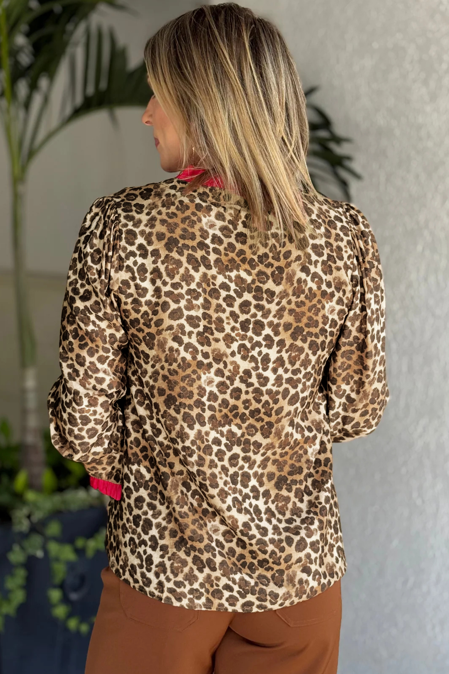 Brown Fierce Leopard Allure Contrast Ruffle Trim V Neck Shirt - loveforevers