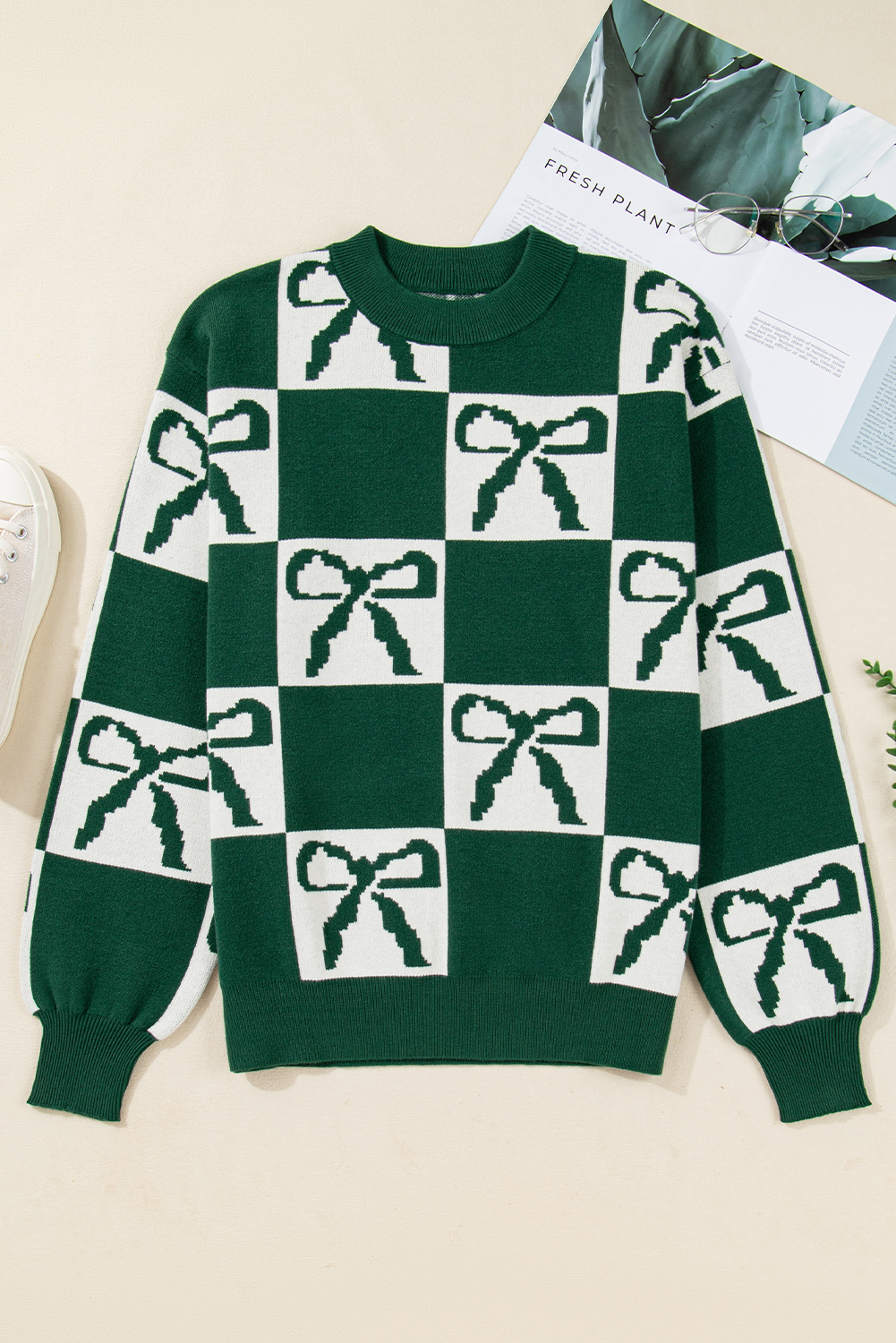 Blackish Green Checkered Bow Print Casual Sweater - loveforevers