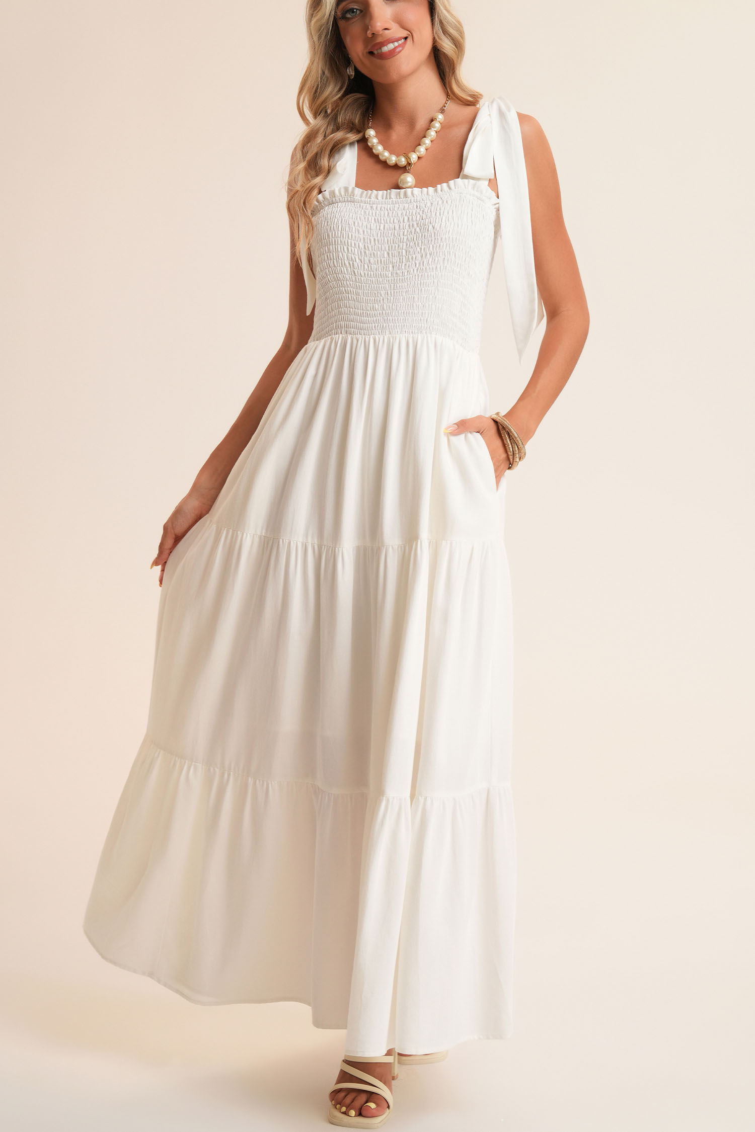 White Customizable Knot Straps Smocked Bodice Tiered Blank Maxi Dress - loveforevers