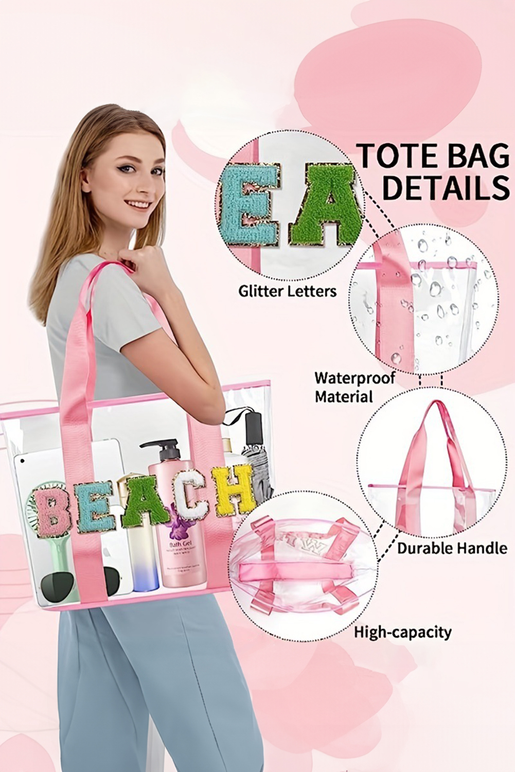 Pink BEACH Chenille Patched Large Clear PVC Shoulder Bag - loveforevers