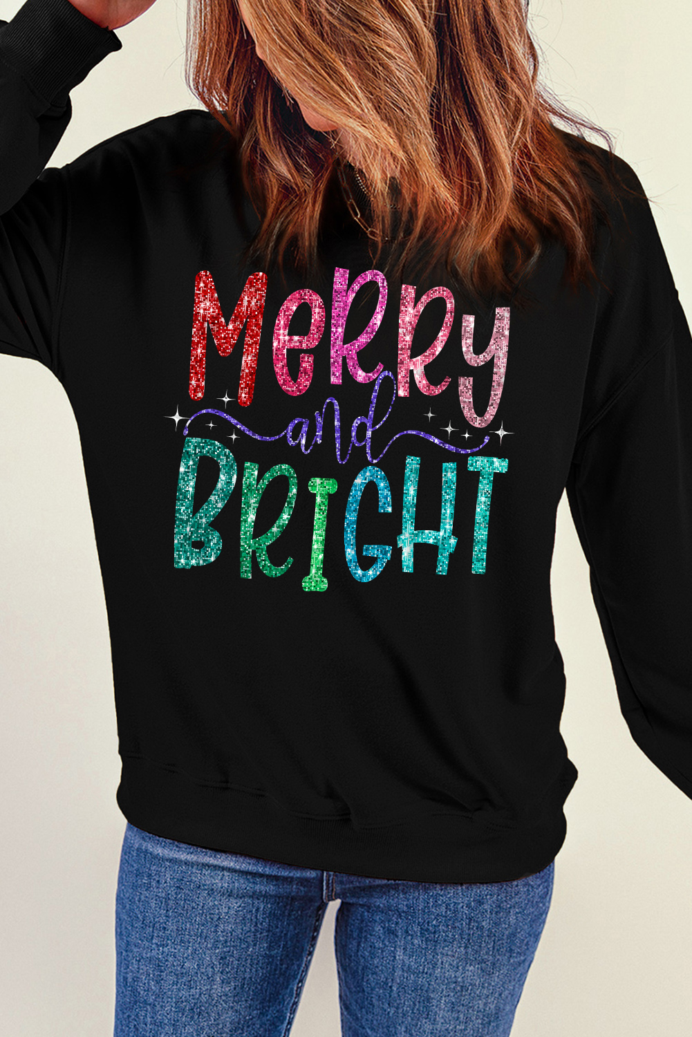 Black Merry and Bright Graphic Christmas Pullover Sweatshirt - loveforevers