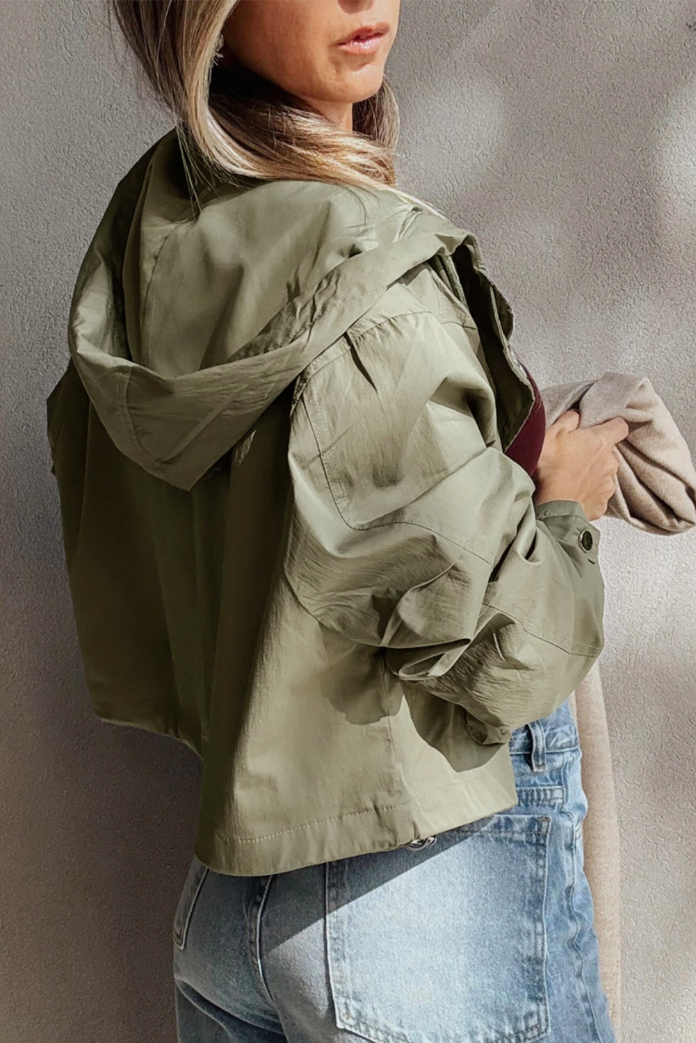 Laurel Green Zipped Pocket Cropped Hooded Utility Jacket - loveforevers