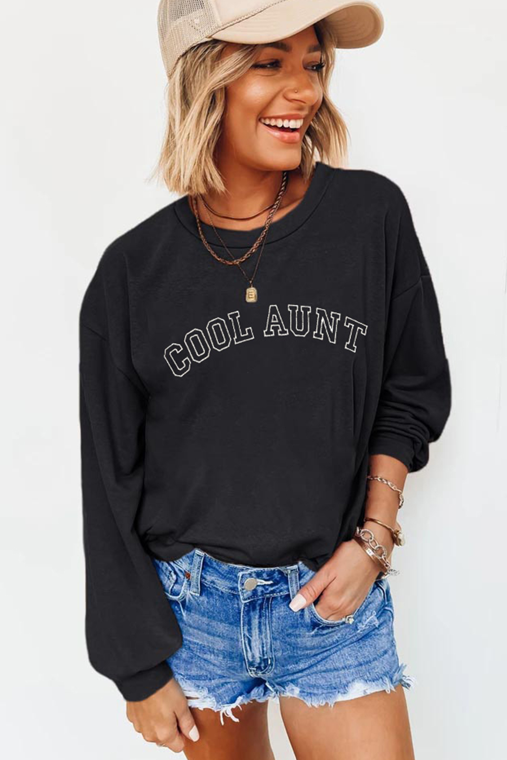 Black COOL AUNT Embroidered Letter Graphic Sweatshirt - loveforevers