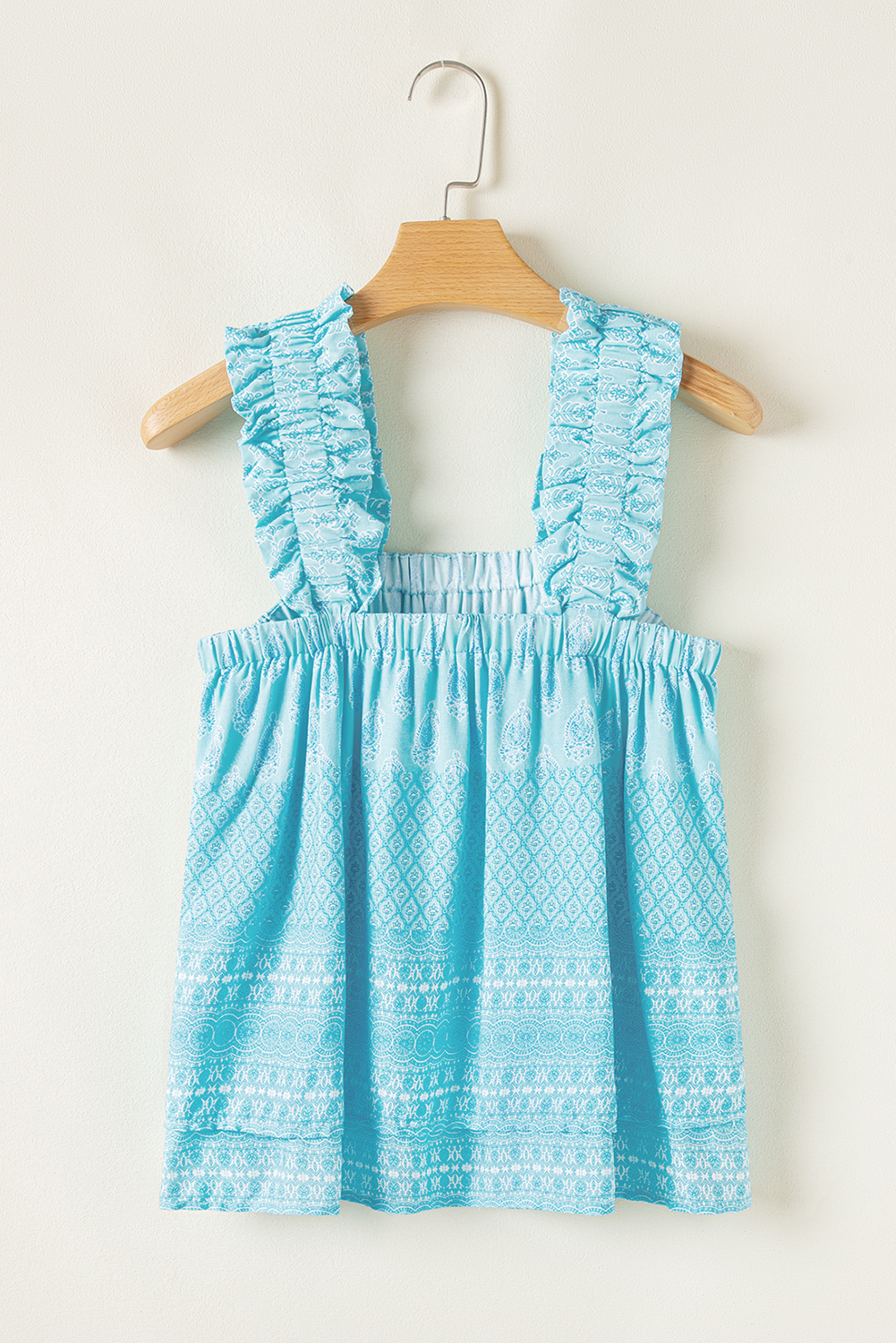 Sky Blue Tribal Pattern Print Ruffled Wide Straps Loose Tank Top - loveforevers