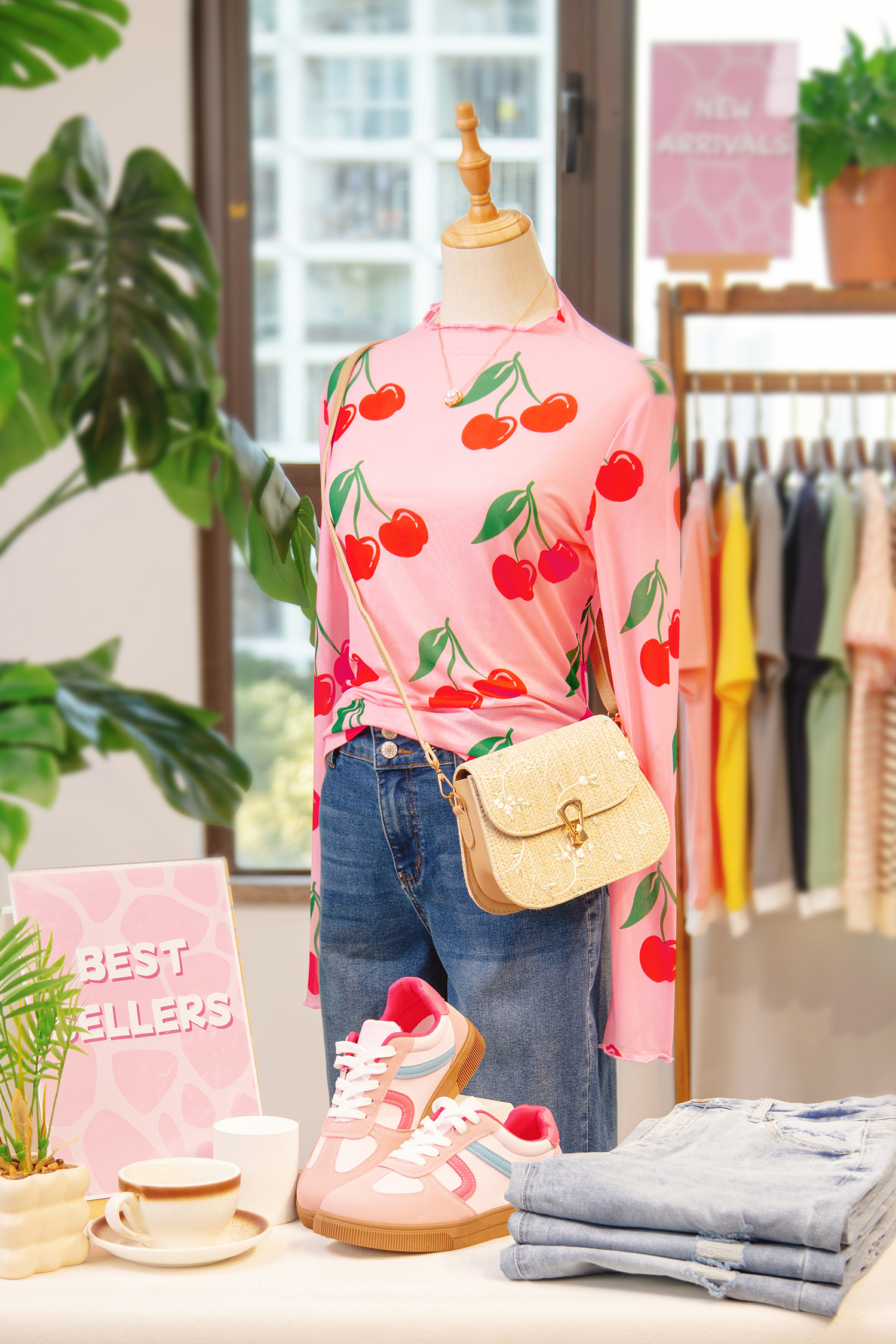 Pink Cherry Print Lettuce Trim Long Sleeve Mesh Top - loveforevers