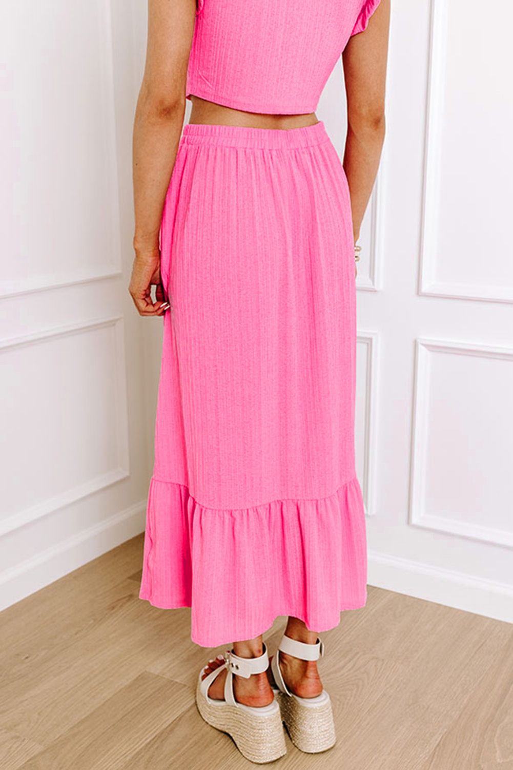 Bonbon Textured Ruffle Trim Crop Vest Lace-up Long Skirt Set - loveforevers