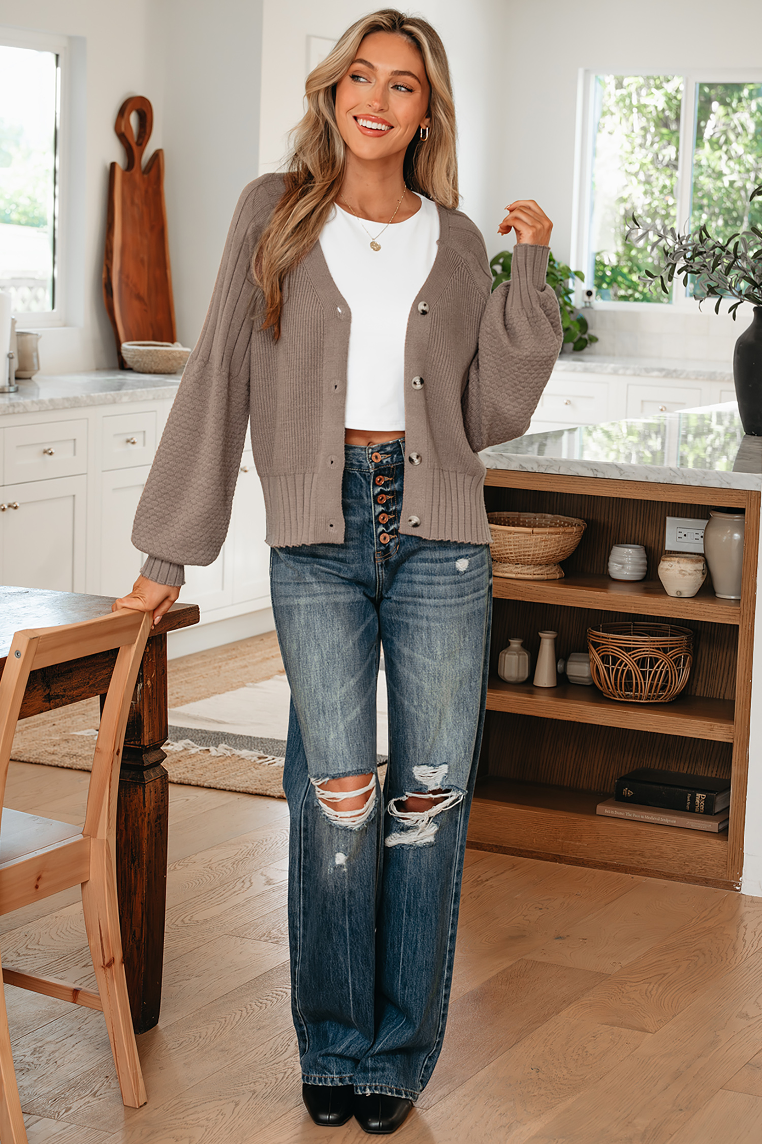 Light Pink Mixed Texture Knit Button V Neck Sweater Cardigan - loveforevers