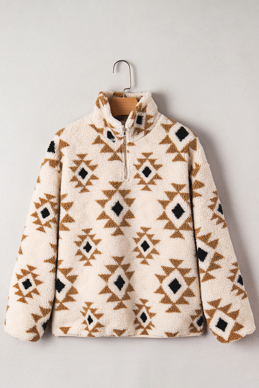 Khaki Aztec Print Sherpa Quarter Zip Collar Sweatshirt - loveforevers