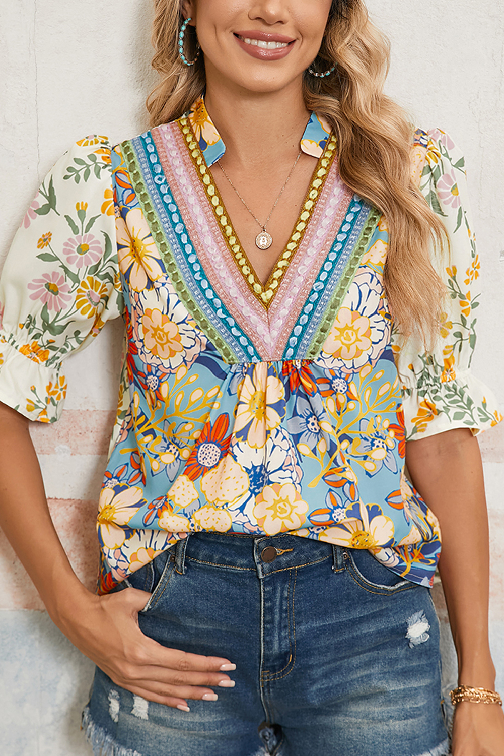 Multicolour Crochet V Neck Half Sleeve Boho Floral Blouse - loveforevers