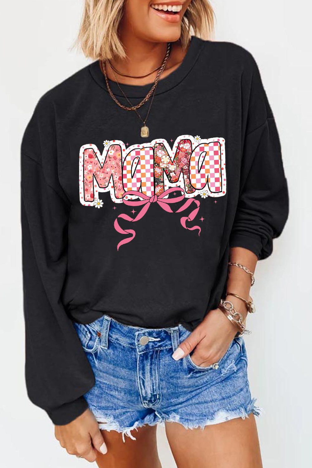 Black Floral Checkered Bow Printed Pullover Sweatshirt - loveforevers