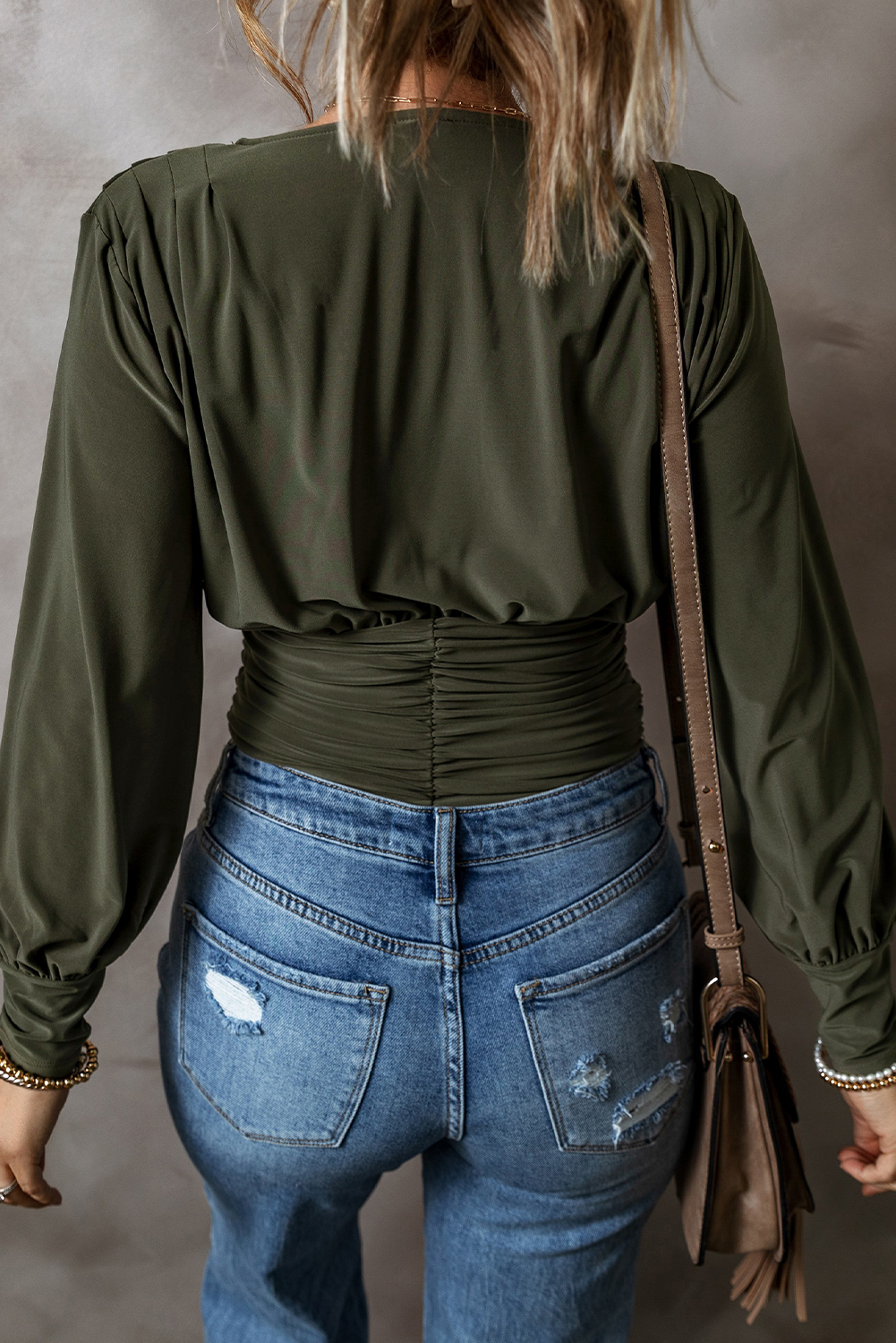 Moss Green Ruched Wrap V Neck Long Sleeve Bodysuit - loveforevers