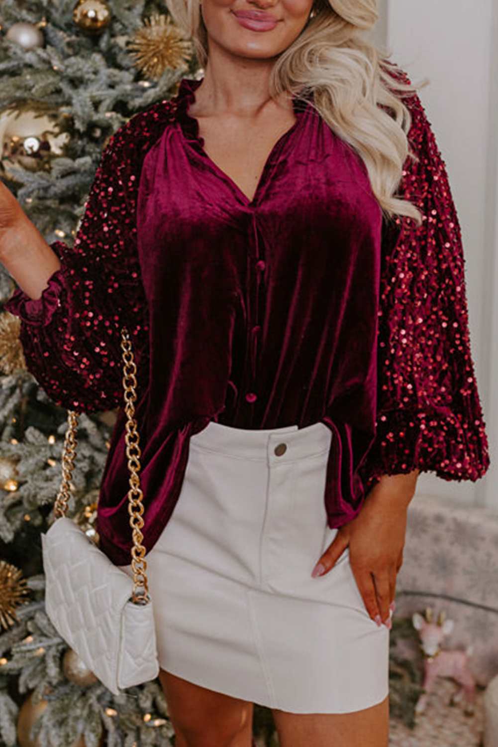 Red Dahlia Sequin Patchwork Sleeve Button Up Velvet Top - loveforevers
