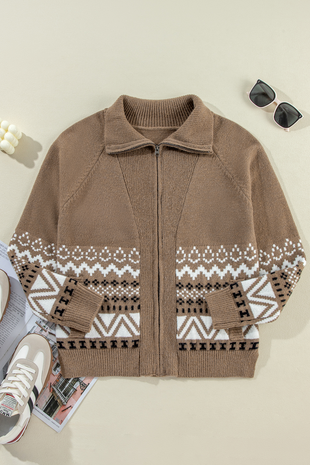 Brown Western Printed Ribbed Trim Collared Zip up Cardigan - loveforevers