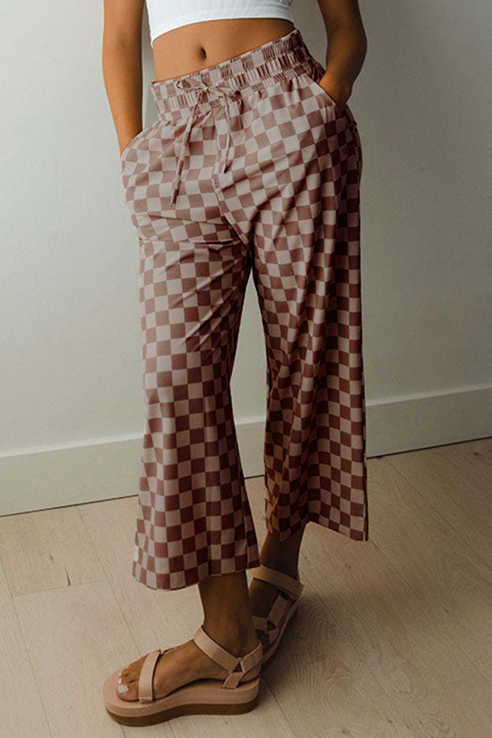 Khaki Checkered Elastic High Waist Loose Casual Pants - loveforevers